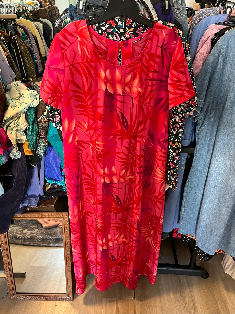 Bright Pink Tropical Print Short-Sleeve Dress - Size L